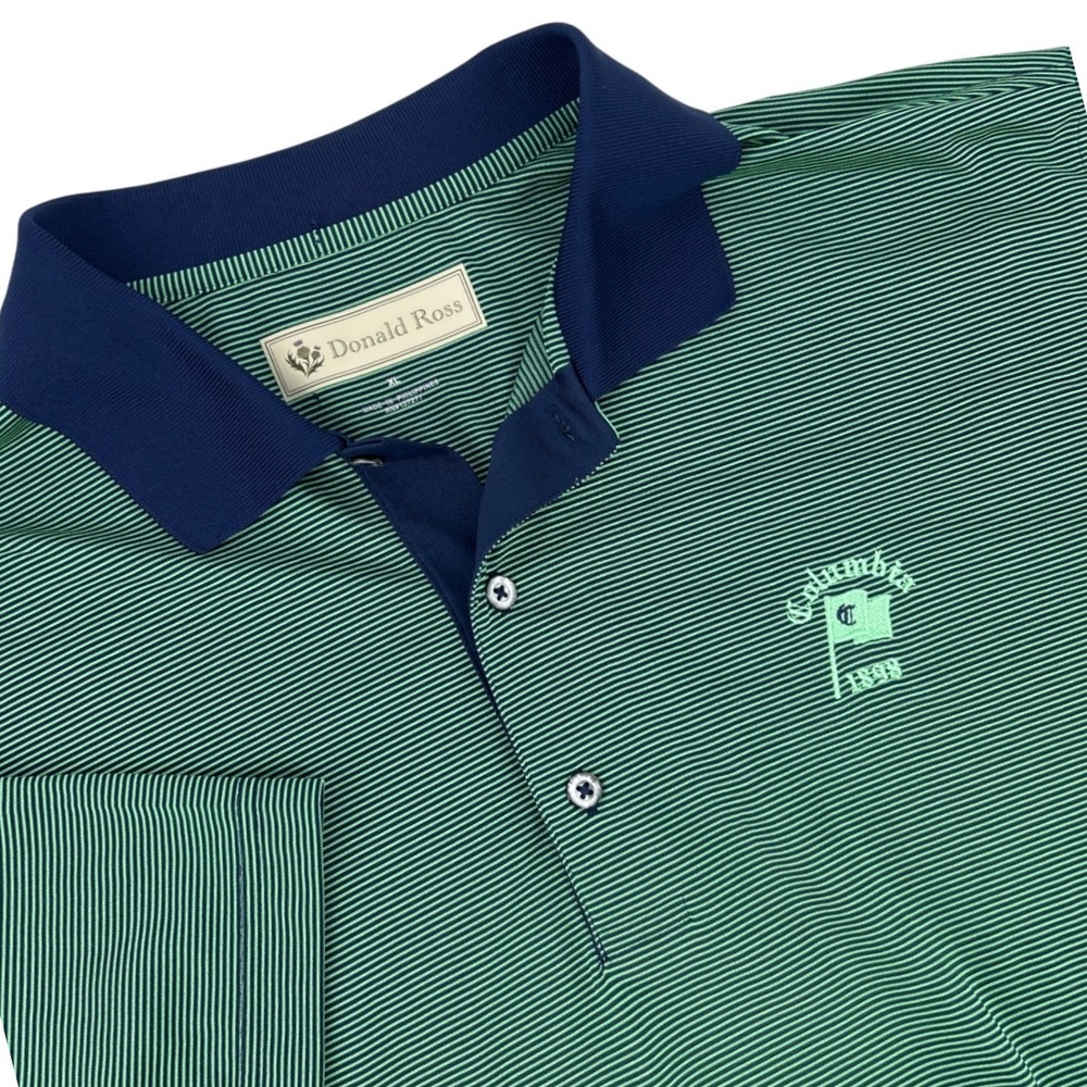 Donald Ross Mens XL Golf Polo Shirt Green Navy Stripe Columbia Country Club Logo
